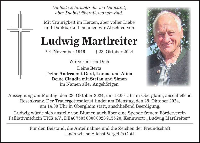 Traueranzeige Ludwig Martlreiter