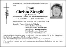 Traueranzeige Christa Zirngibl