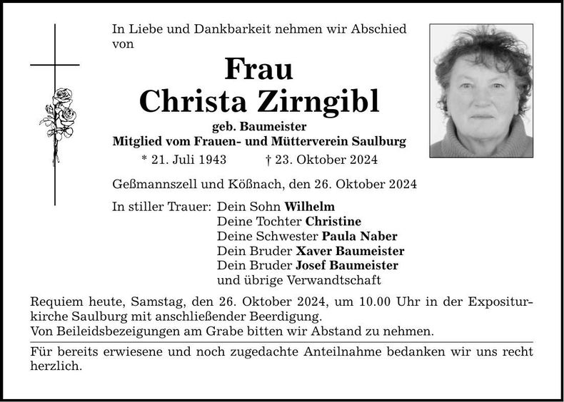 Traueranzeige Christa Zirngibl