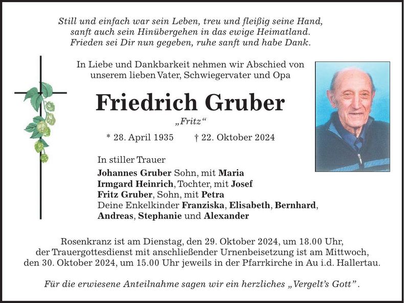 Traueranzeige Friedrich Gruber