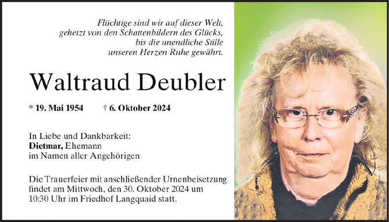 Traueranzeige Waltraud Deubler