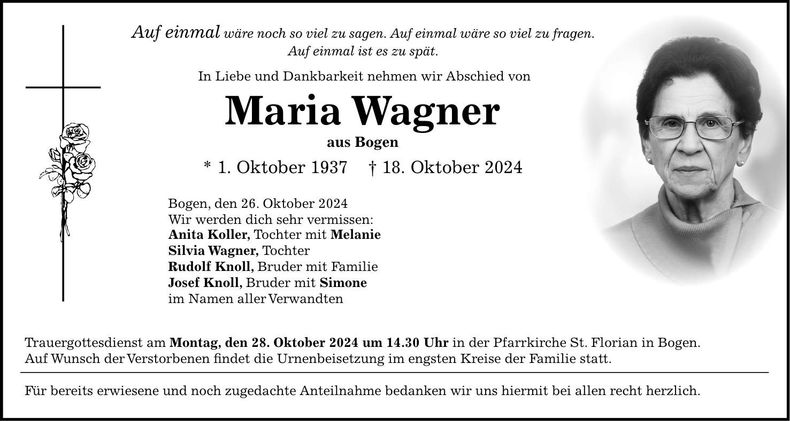 Traueranzeige Maria Wagner