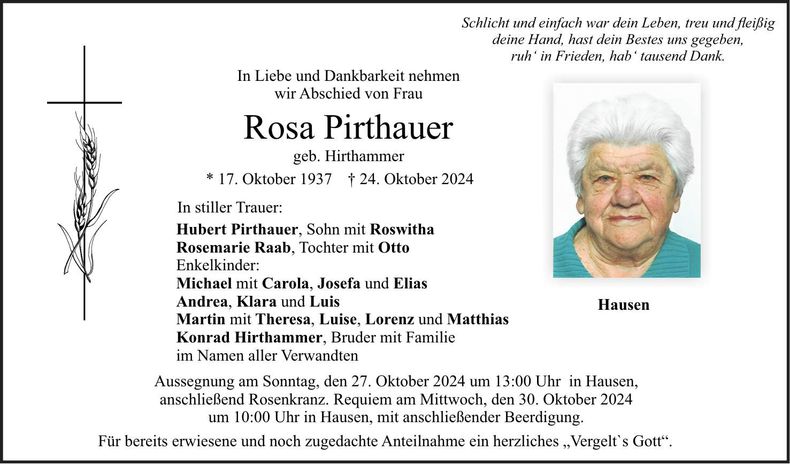 Traueranzeige Rosa Pirthauer