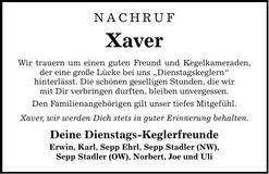 Traueranzeige Xaver Kronfeldner