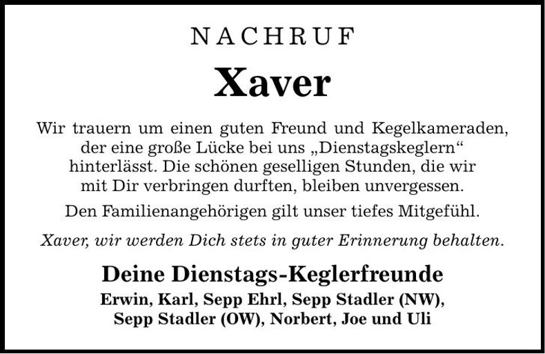 Traueranzeige Xaver Kronfeldner