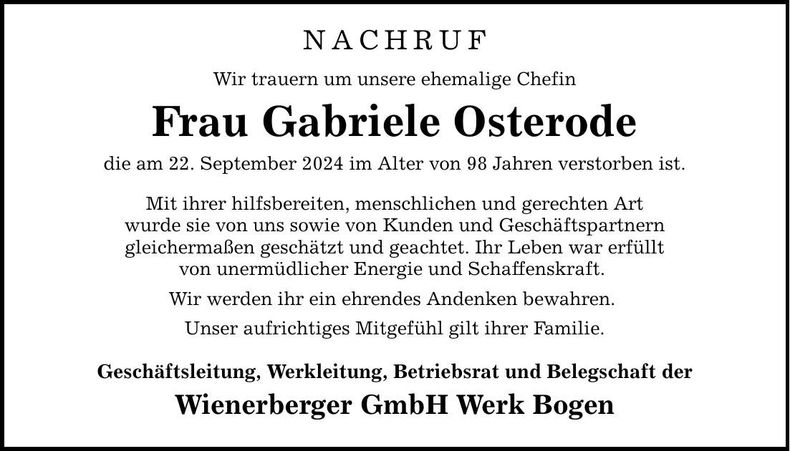Traueranzeige Gabriele Osterode