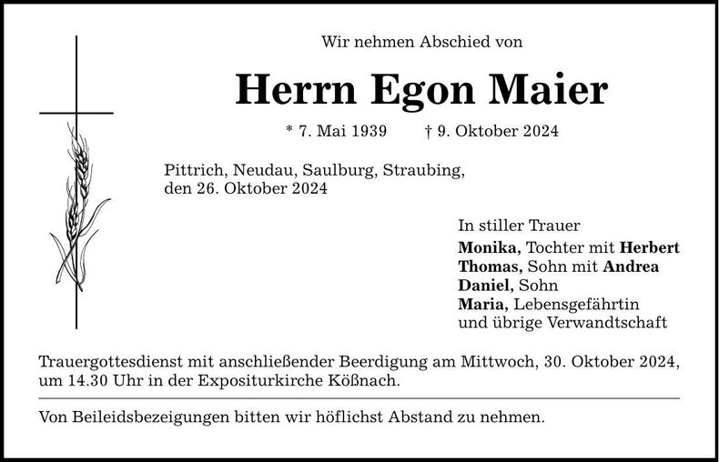 Traueranzeige Egon Maier