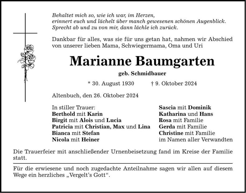 Traueranzeige Marianne Baumgarten