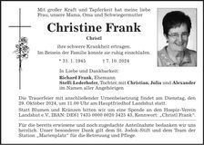 Traueranzeige Christine Frank