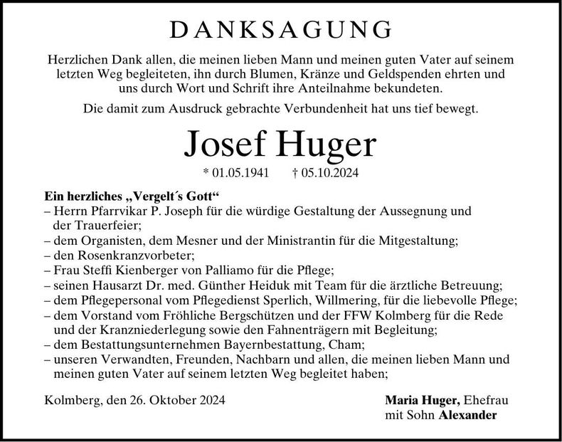 Traueranzeige Josef Huger