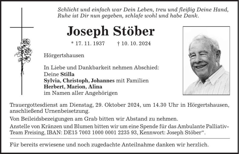 Traueranzeige Joseph Stöber