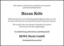 Traueranzeige Hasan Köle
