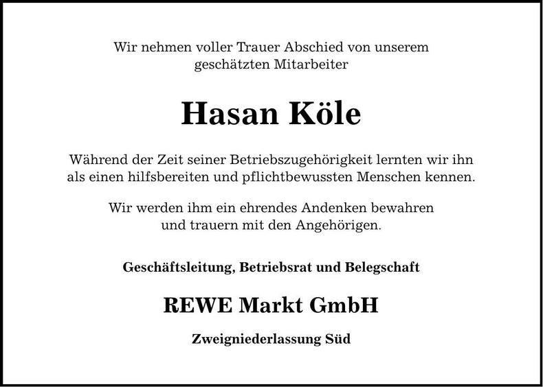 Traueranzeige Hasan Köle