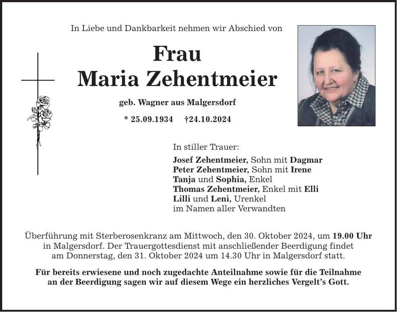 Traueranzeige Maria Zehentmeier