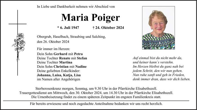 Traueranzeige Maria Poiger