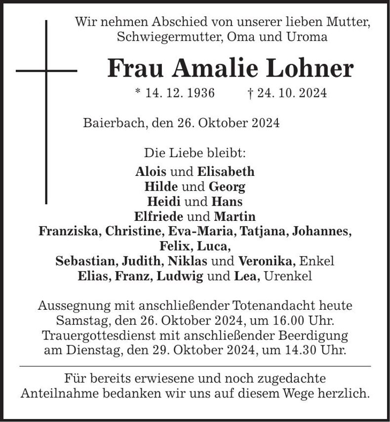Traueranzeige Amalie Lohner