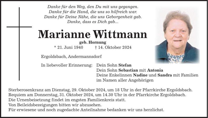 Traueranzeige Marianne Wittmann