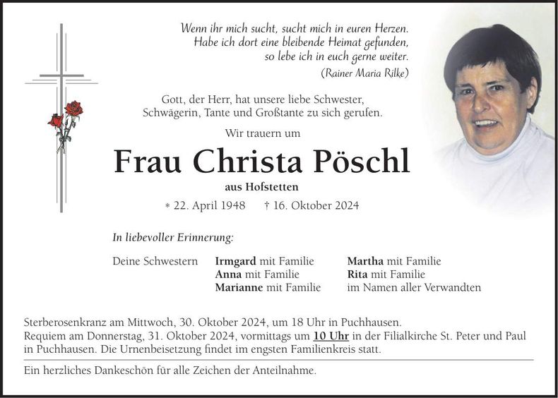 Traueranzeige Christa Pöschl
