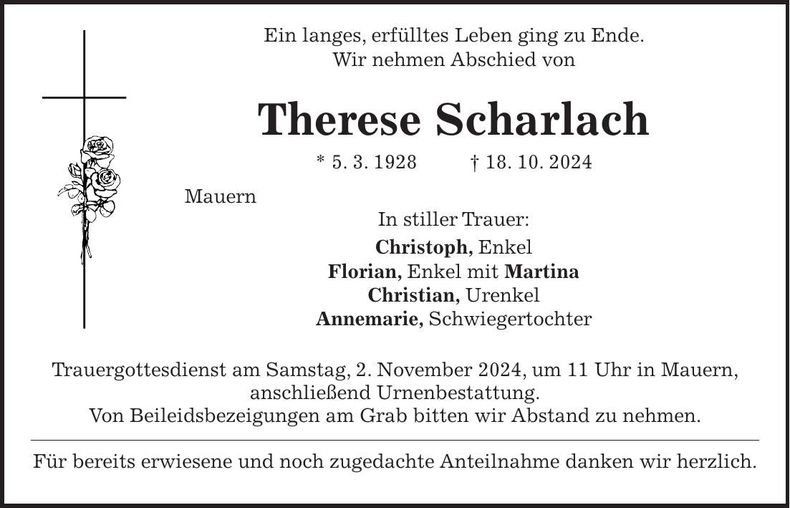 Traueranzeige Therese Sscharlach