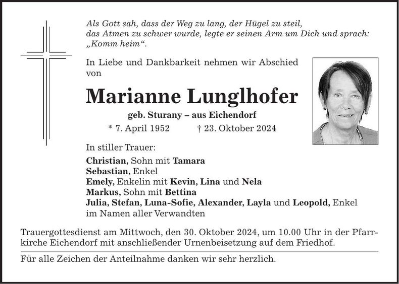 Traueranzeige Marianne Lunglhofer