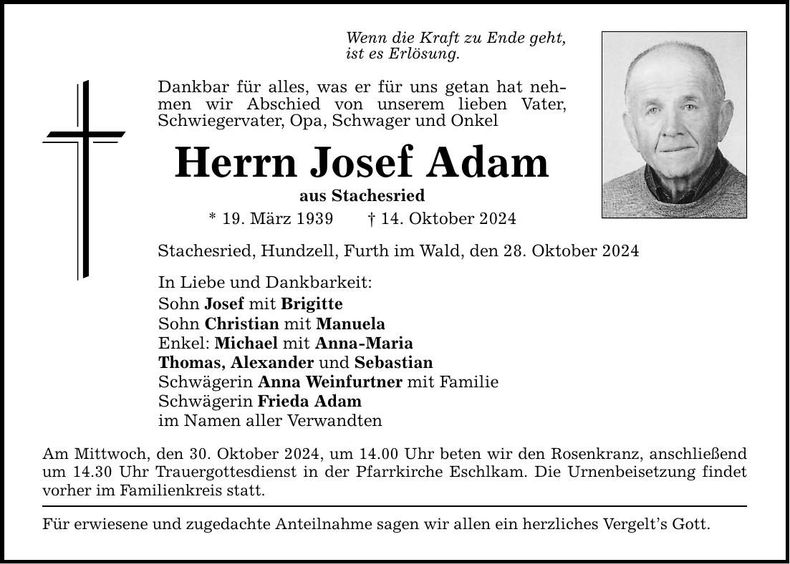 Traueranzeige Josef Adam