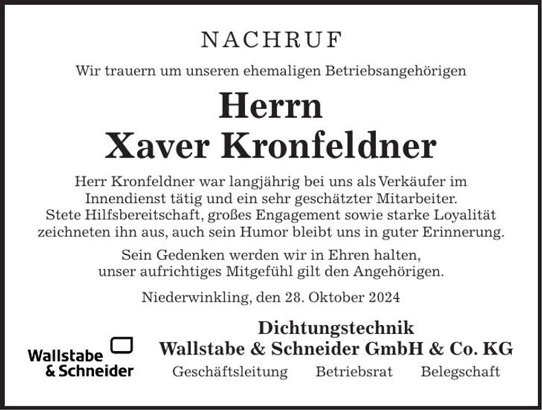 Traueranzeige Xaver Kronfeldner