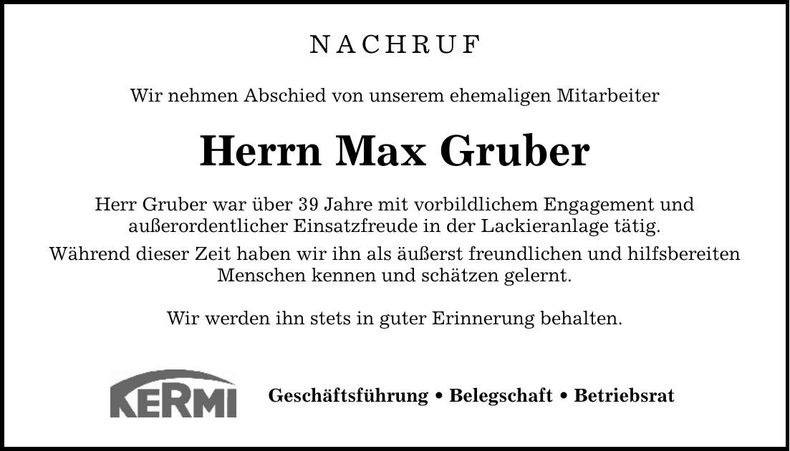 Traueranzeige Max Gruber