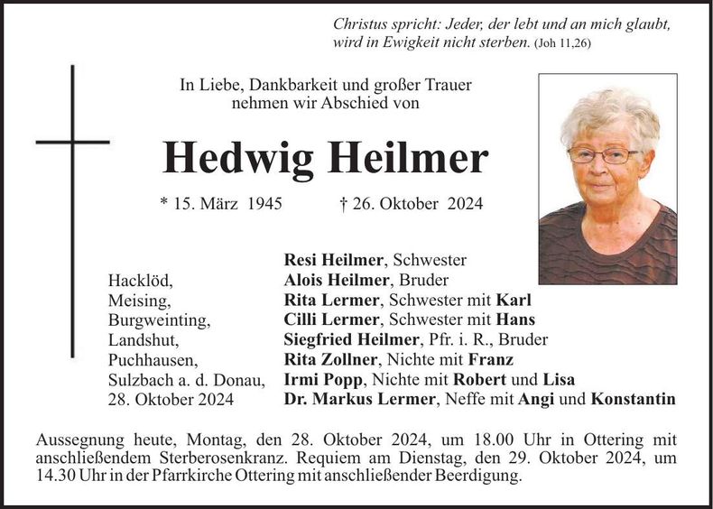 Traueranzeige Hedwig Heilmer
