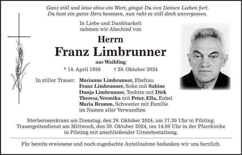 Traueranzeige Franz Limbrunner