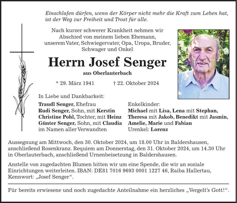 Traueranzeige Josef Senger