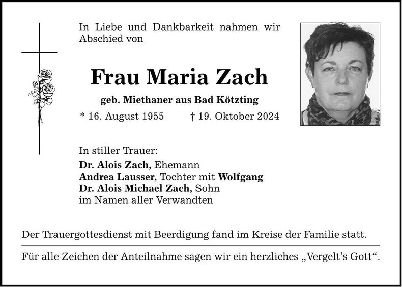 Traueranzeige Maria Zach