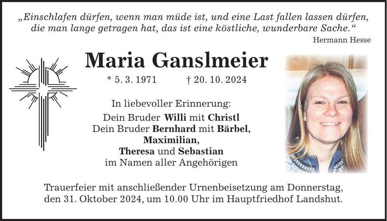 Traueranzeige Maria Ganlsmeier