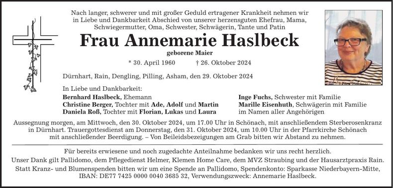 Traueranzeige Annemarie Haslbeck