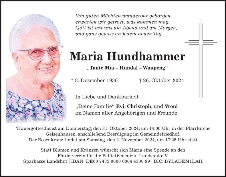 Traueranzeige Maria Hundhammer