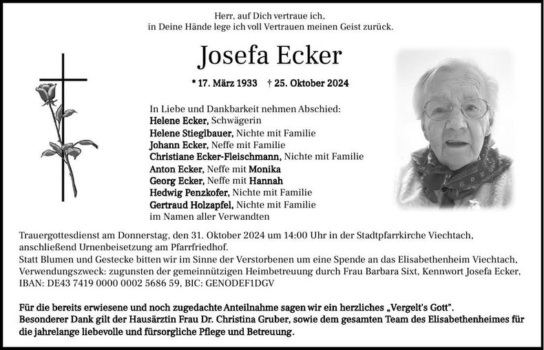 Traueranzeige Josefa Ecker