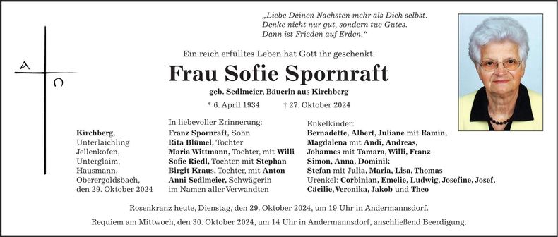 Traueranzeige Sofie Spornraft