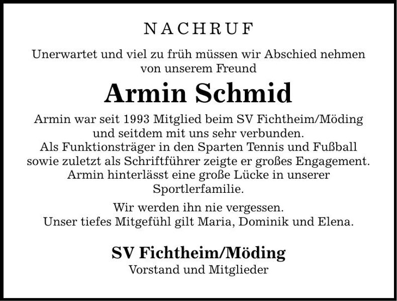 Traueranzeige Armin Schmid
