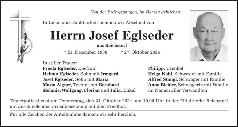 Traueranzeige Josef Eglseder