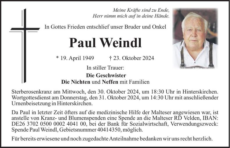 Traueranzeige Paul Weindl