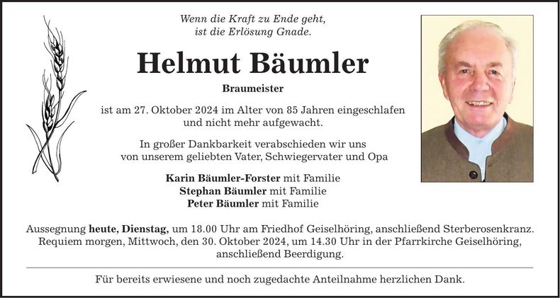 Traueranzeige Helmut Bäumler