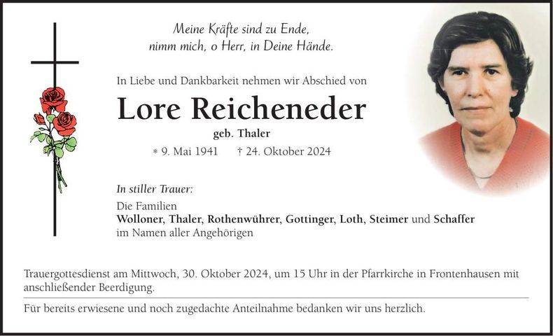 Traueranzeige Lore Reicheneder