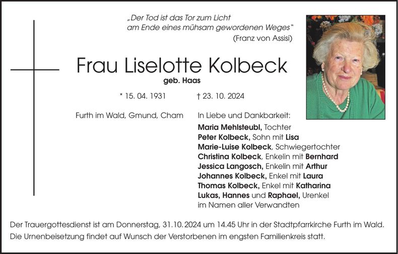 Traueranzeige Liselotte Kolbeck