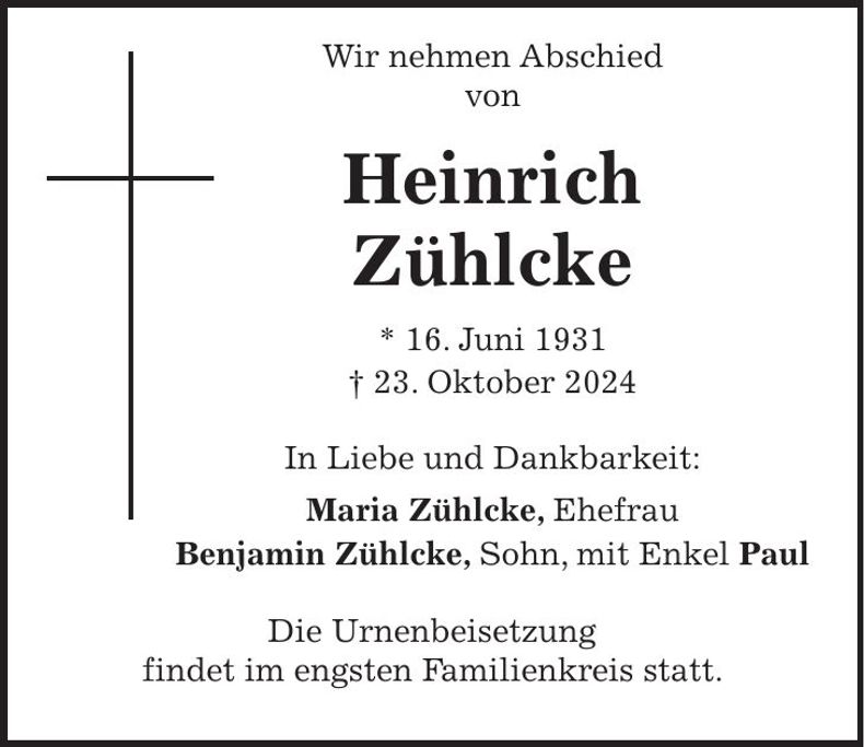 Traueranzeige Heinrich Zühlcke