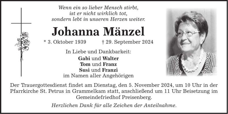 Traueranzeige Johanna Mänzel