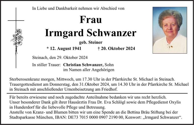 Traueranzeige Irmgard Schwanzer