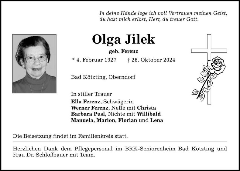 Traueranzeige Olga Jilek