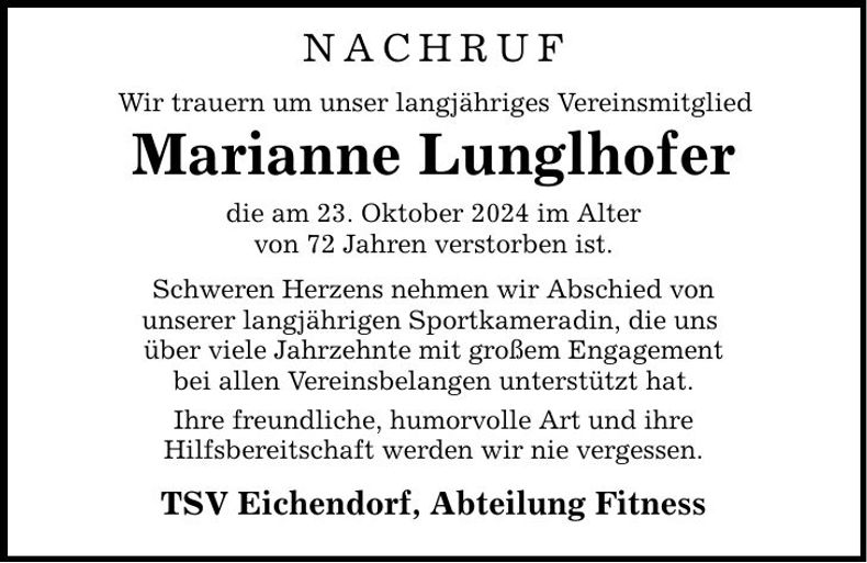 Traueranzeige Marianne Lunglhofer