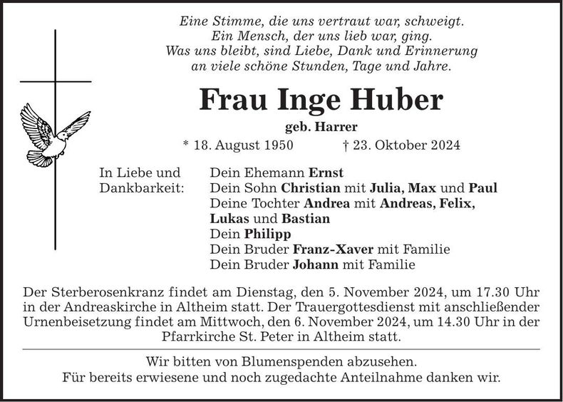 Traueranzeige Inge Huber