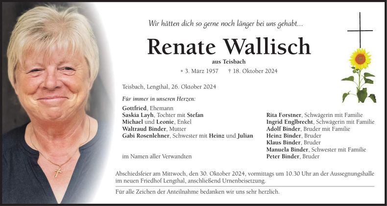 Traueranzeige Renate Wallisch
