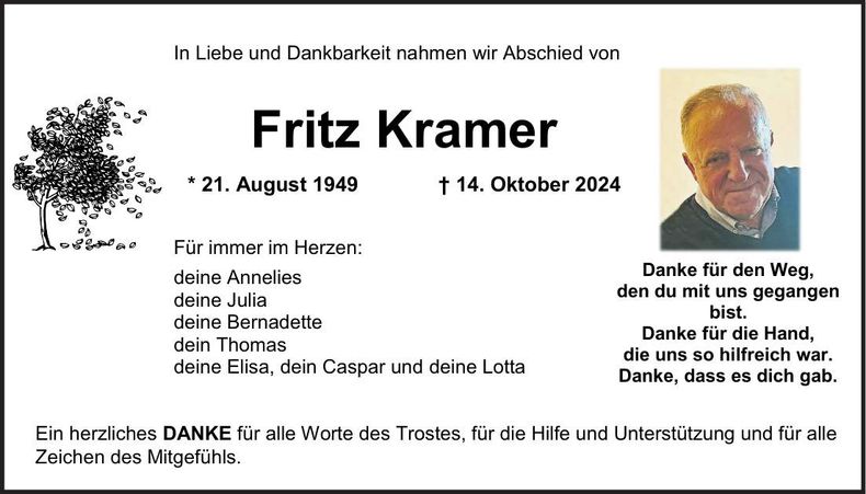 Traueranzeige Fritz Kramer